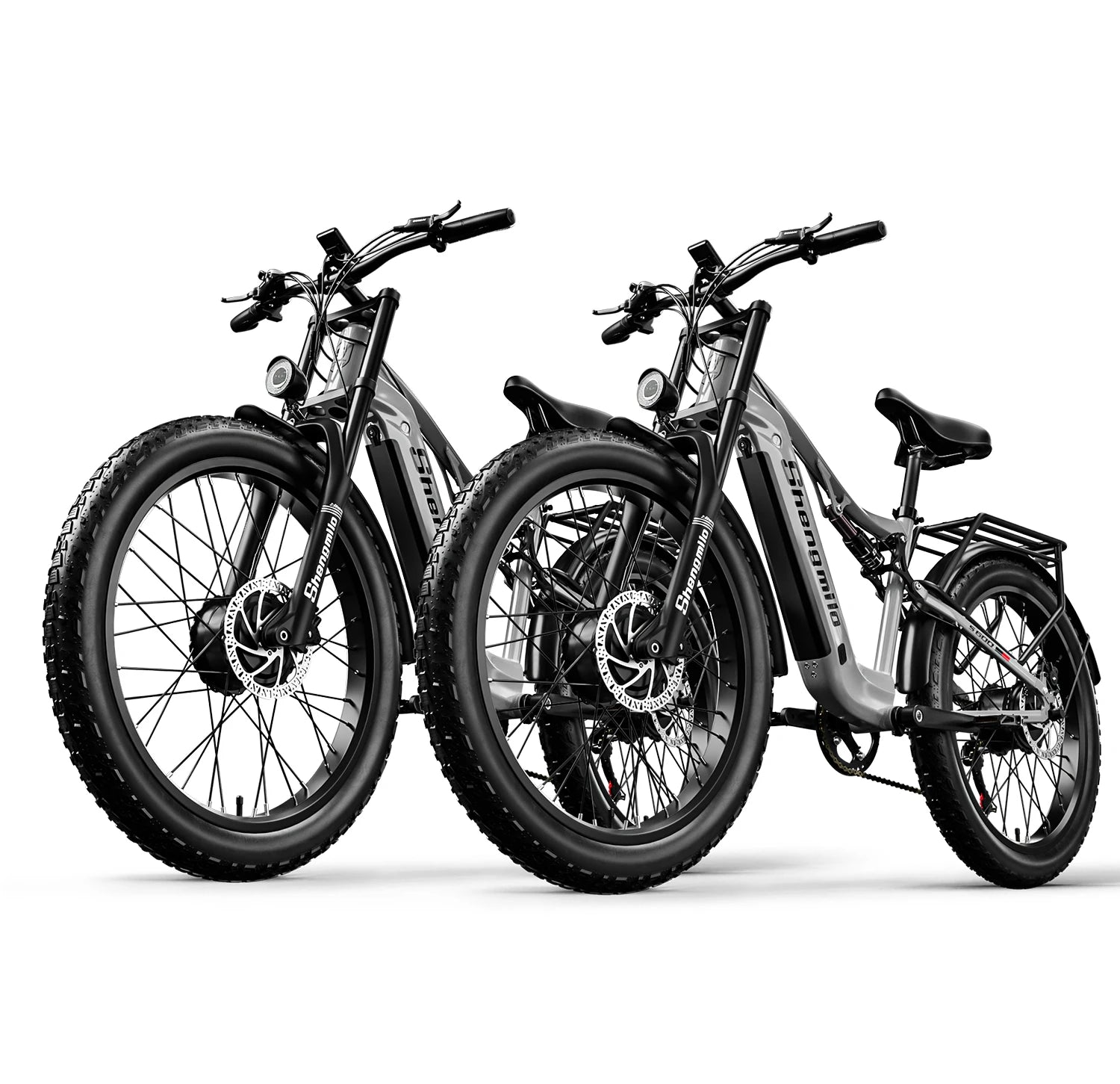 Two electric bikes viewed side by side on a white background