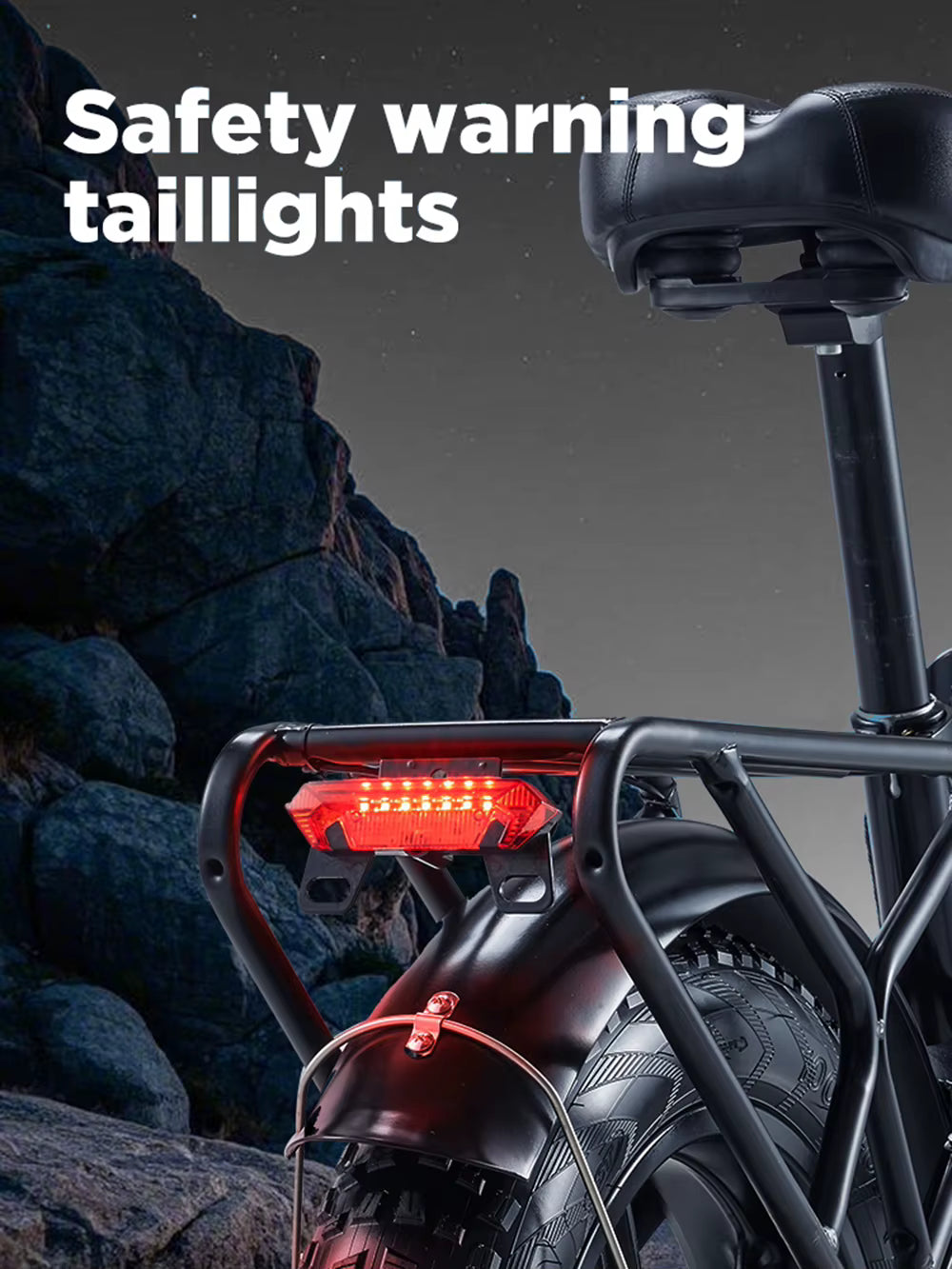 RANDRIDE YX80 Electric Bicycle tail light with safety warning text against a rocky background