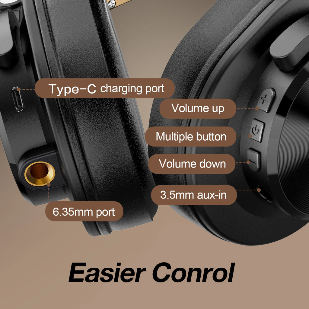 Close-up of OneOdio A70 headphones with labeled ports and controls on a brown background