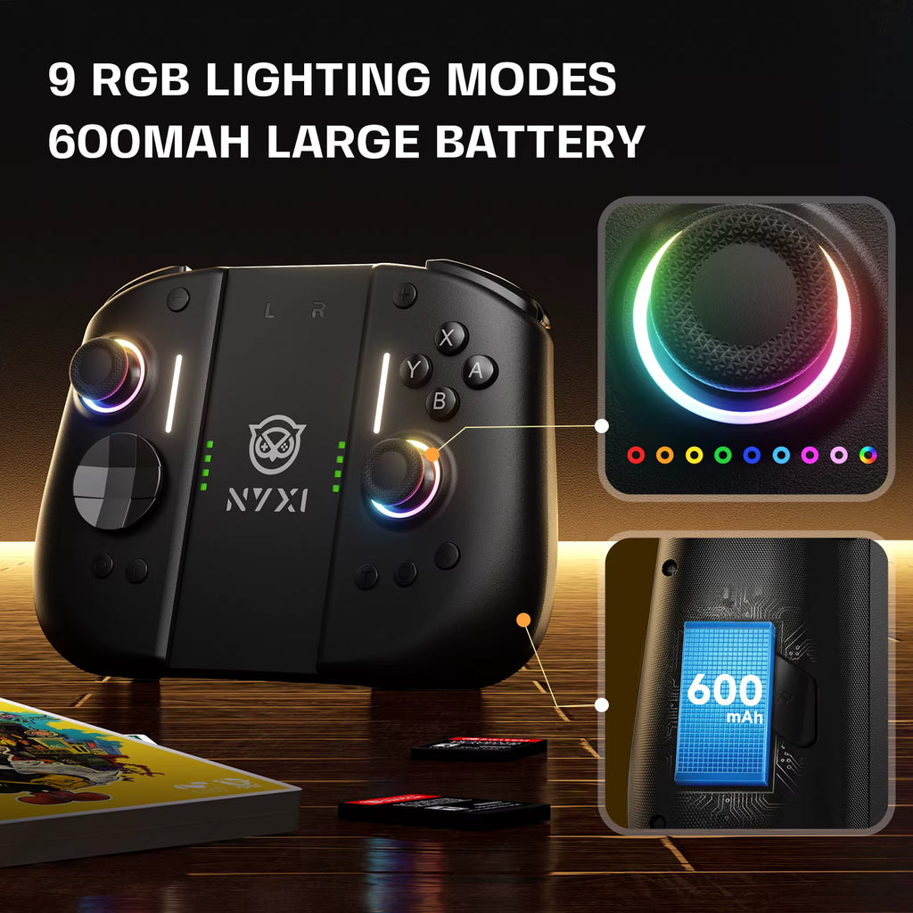 Gaming controller with 9 RGB lighting modes and 600mAh battery on a wooden surface.