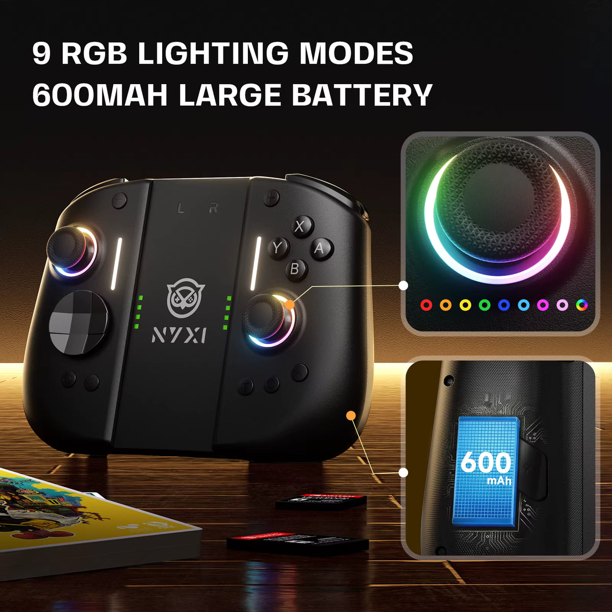 Gaming controller with 9 RGB lighting modes and 600mAh battery on a wooden surface.