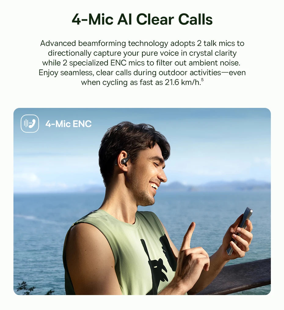 Person using a smartphone with 4-Mic AI Clear Calls feature outdoors.