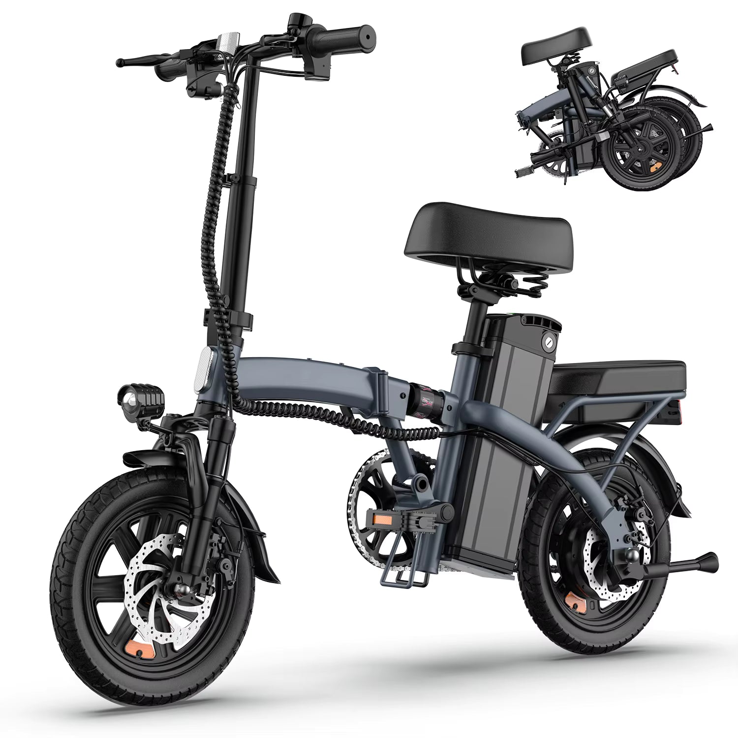 Grey electric bike on a white background with an insert image showing a folded version of the bike.
