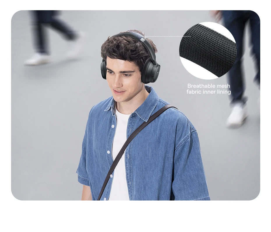 Person wearing black headphones with a close-up of the mesh fabric inner lining on a gray background.
