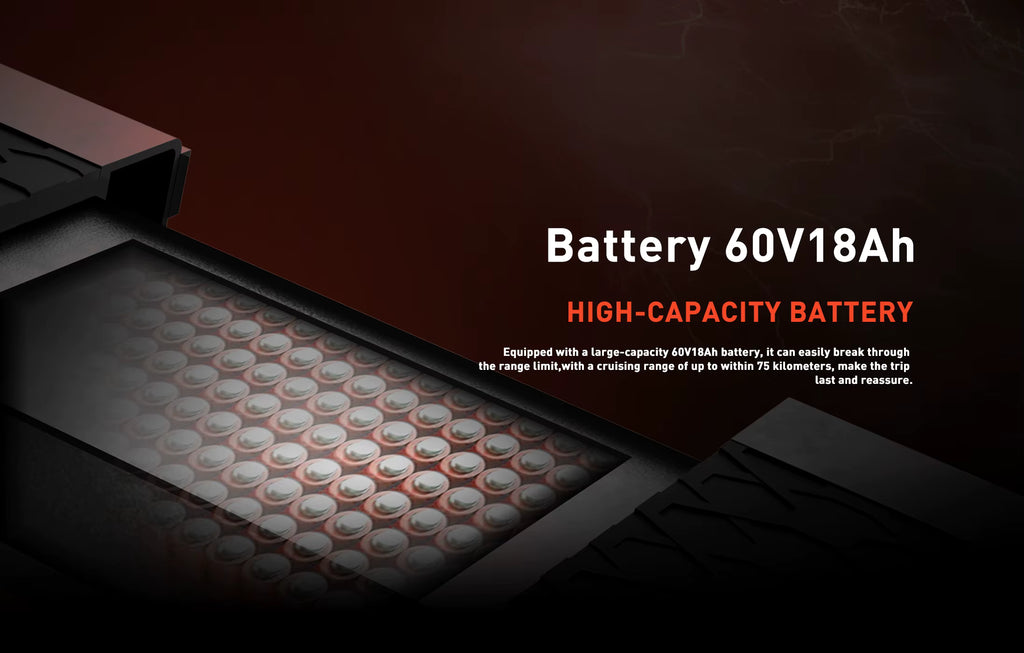 High-capacity battery pack with 60V18Ah specifications on a dark background