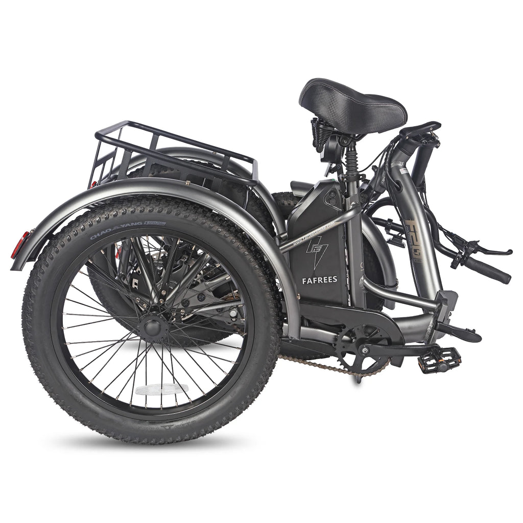 Three-wheeled electric bike with a basket on a white background