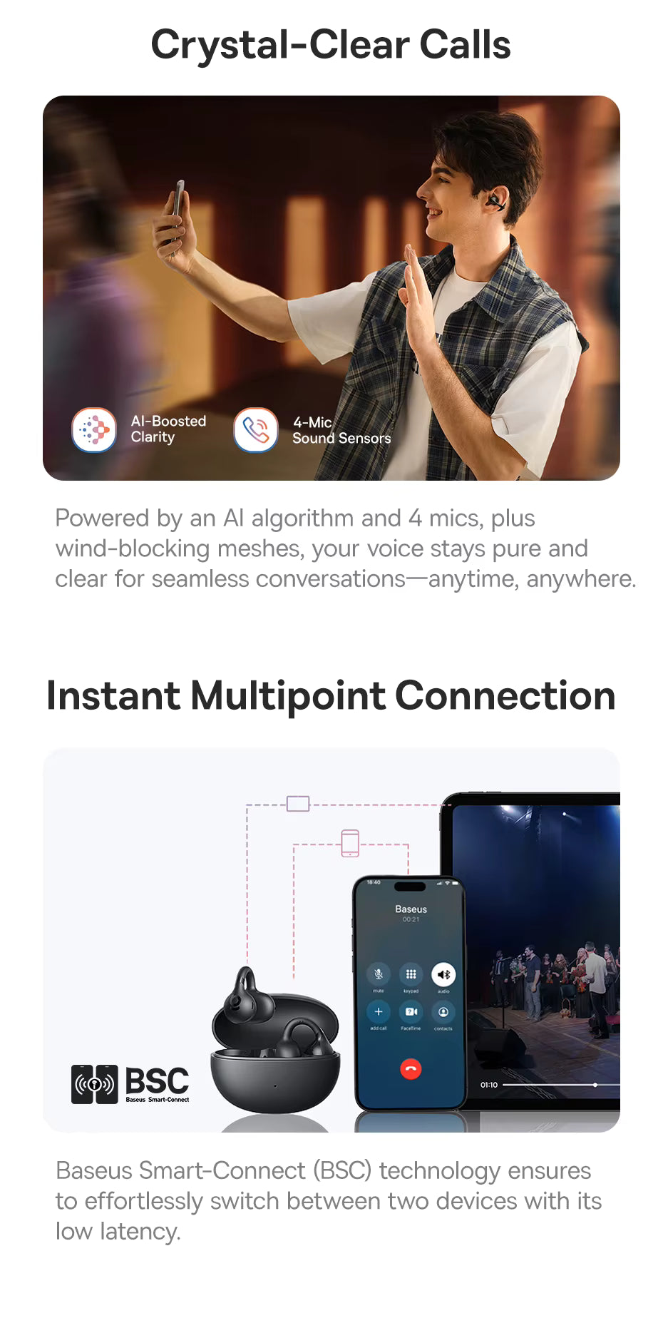 Advertisement for a device with crystal-clear calls and instant multipoint connection features.
