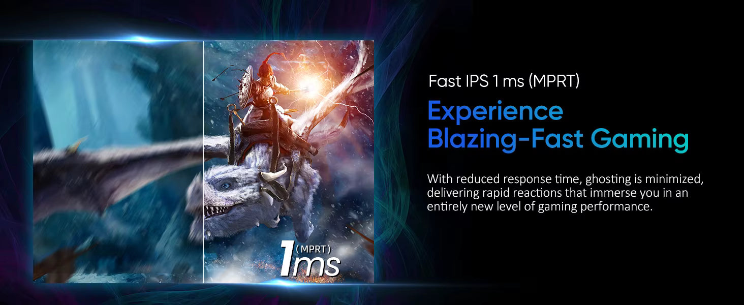 Gaming monitor with a character in action and text about fast IPS 1ms MPRT gaming performance.