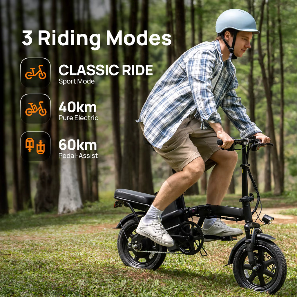 Man riding an electric bike with text on riding modes in a forest setting