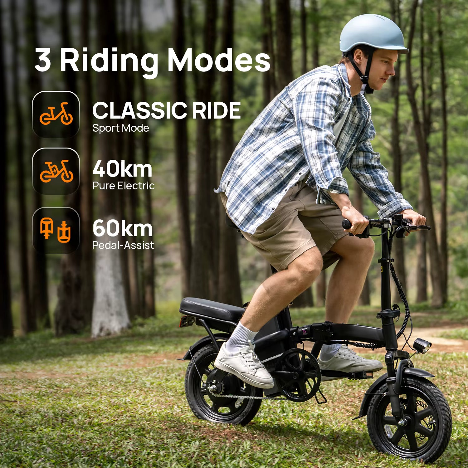 Man riding an electric bike with text on riding modes in a forest setting