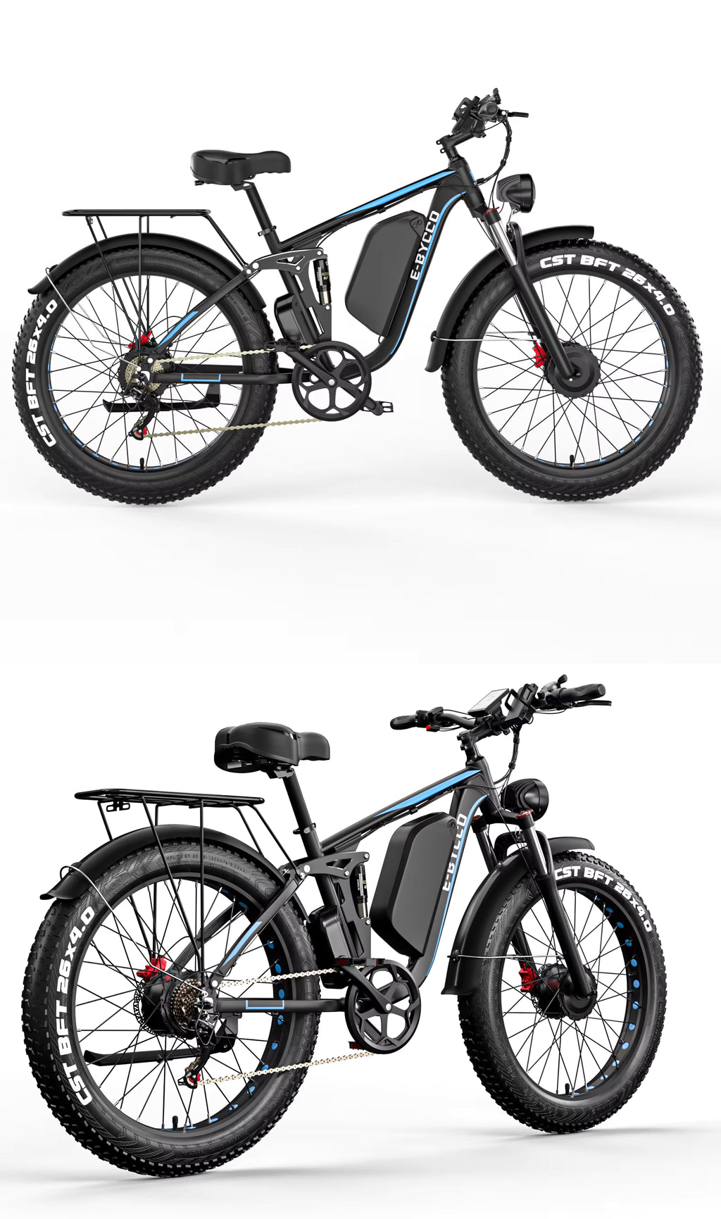 Two electric E‑BYCCO EB7Pro bicycles on a white background