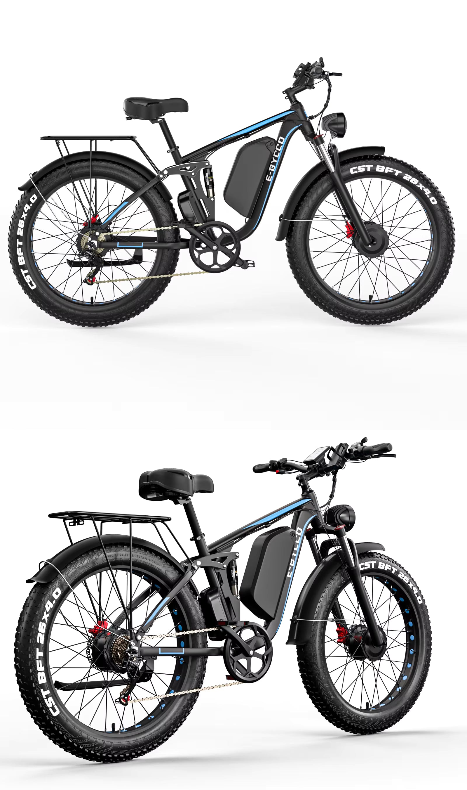 Two electric E‑BYCCO EB7Pro bicycles on a white background
