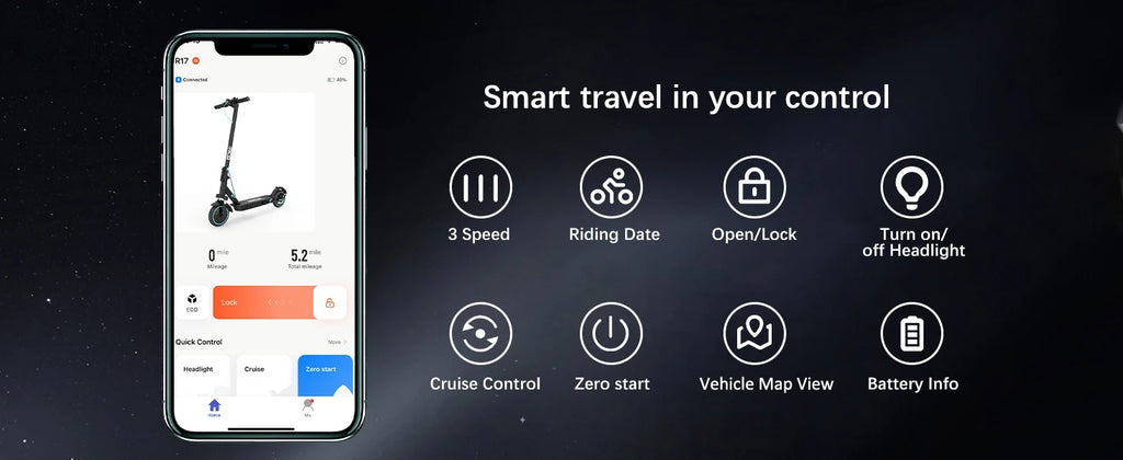 Smart scooter control app on a phone with features listed on a dark background
