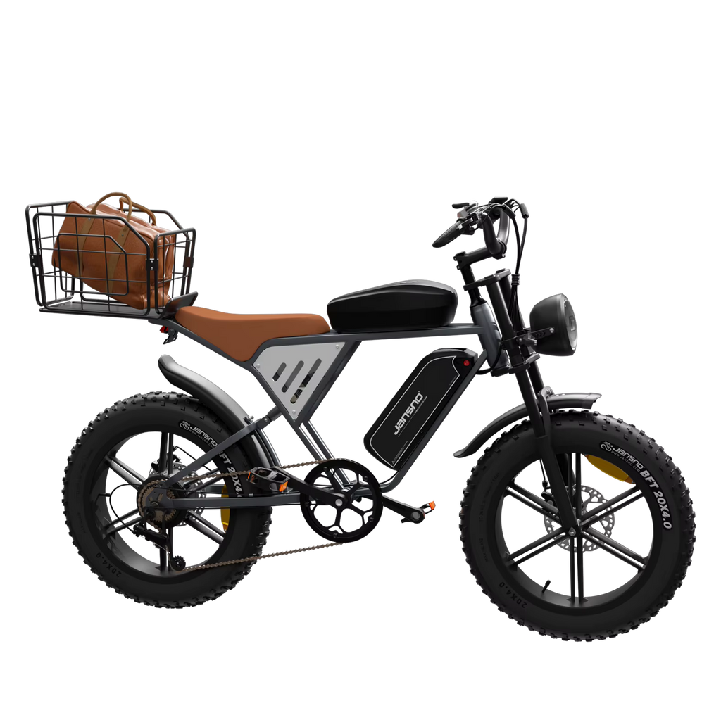 JANSNO X70 e-bike with a brown seat and basket on a white background