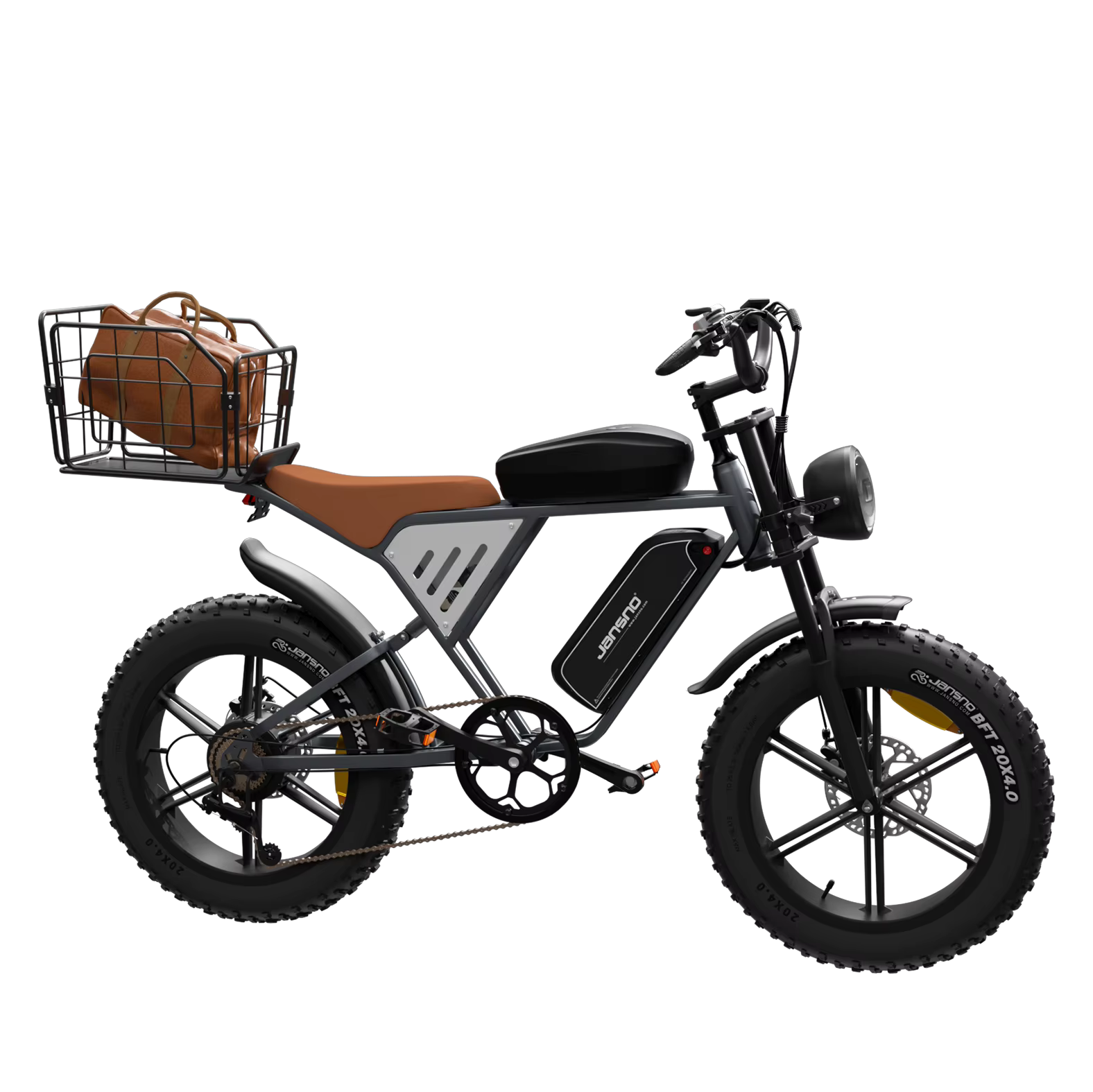 JANSNO X70 e-bike with a brown seat and basket on a white background