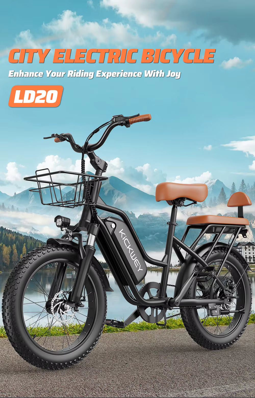 Electric bicycle with scenic background and promotional text