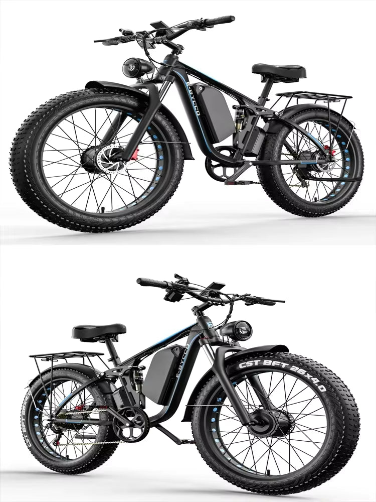 Two E‑BYCCO EB7 Pro electric bicycles on a white background