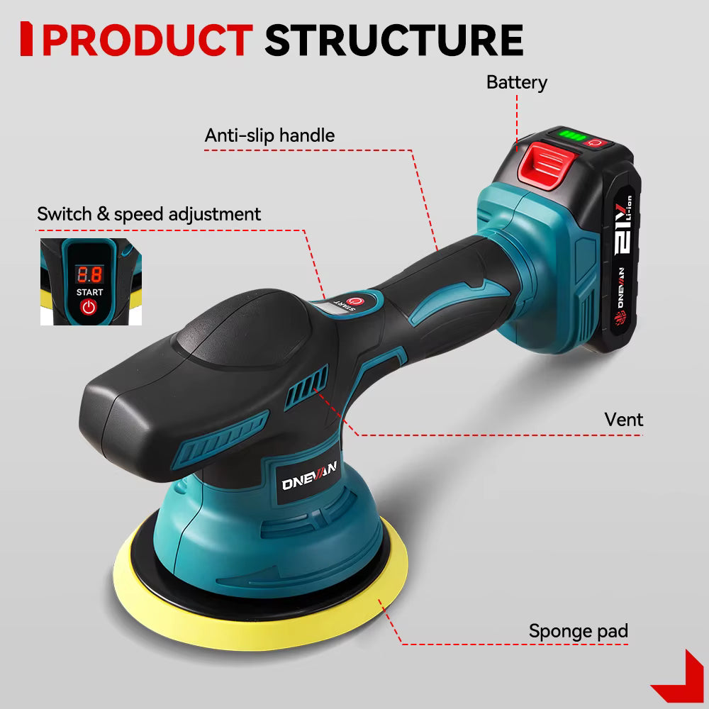 ONEVAN Cordless Car Polisher product structure and component breakdown