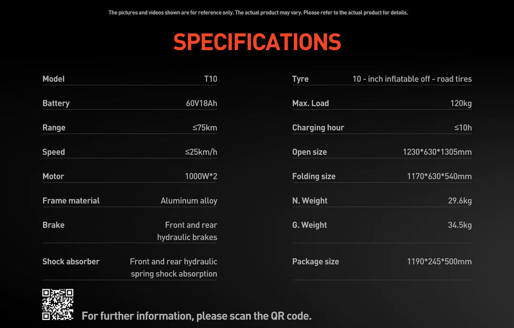 Specifications table for a model T10 electric scooter on a black background with red text.