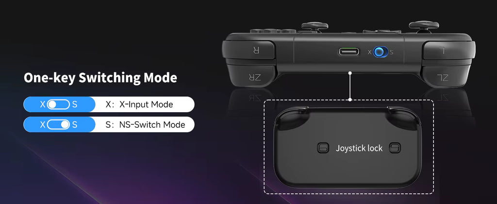 ACEGAMER Pocket Controller showing one‑key switching mode with illuminated blue button for X‑Input and NS‑Switch modes. Close‑up of top edge with shoulder buttons R, ZR, L, ZL, USB‑C port, and inset image of joystick lock mechanism.
