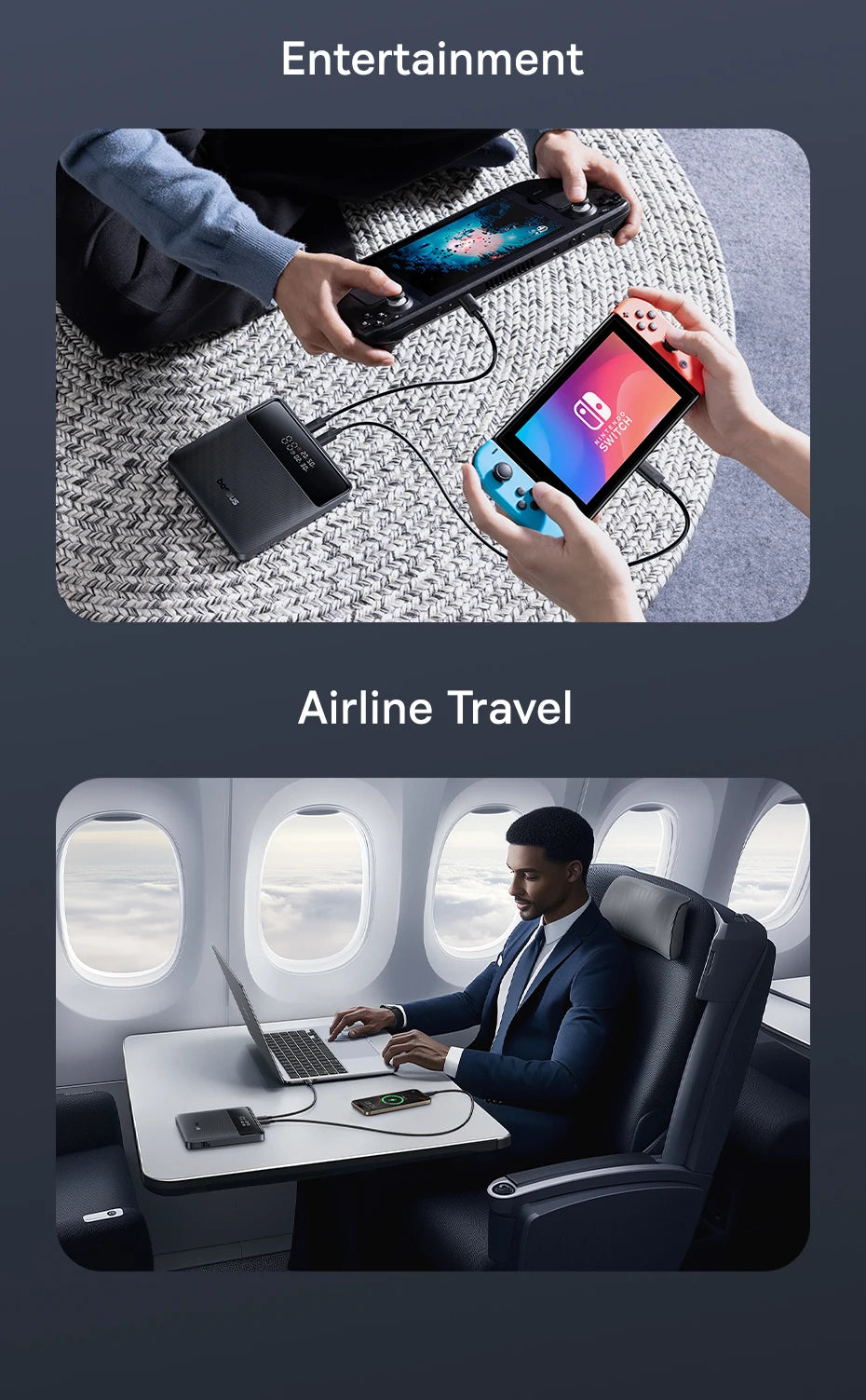 Two scenes showing entertainment on a smartphone and using a laptop being powered by a power bank in an airplane seat. 
