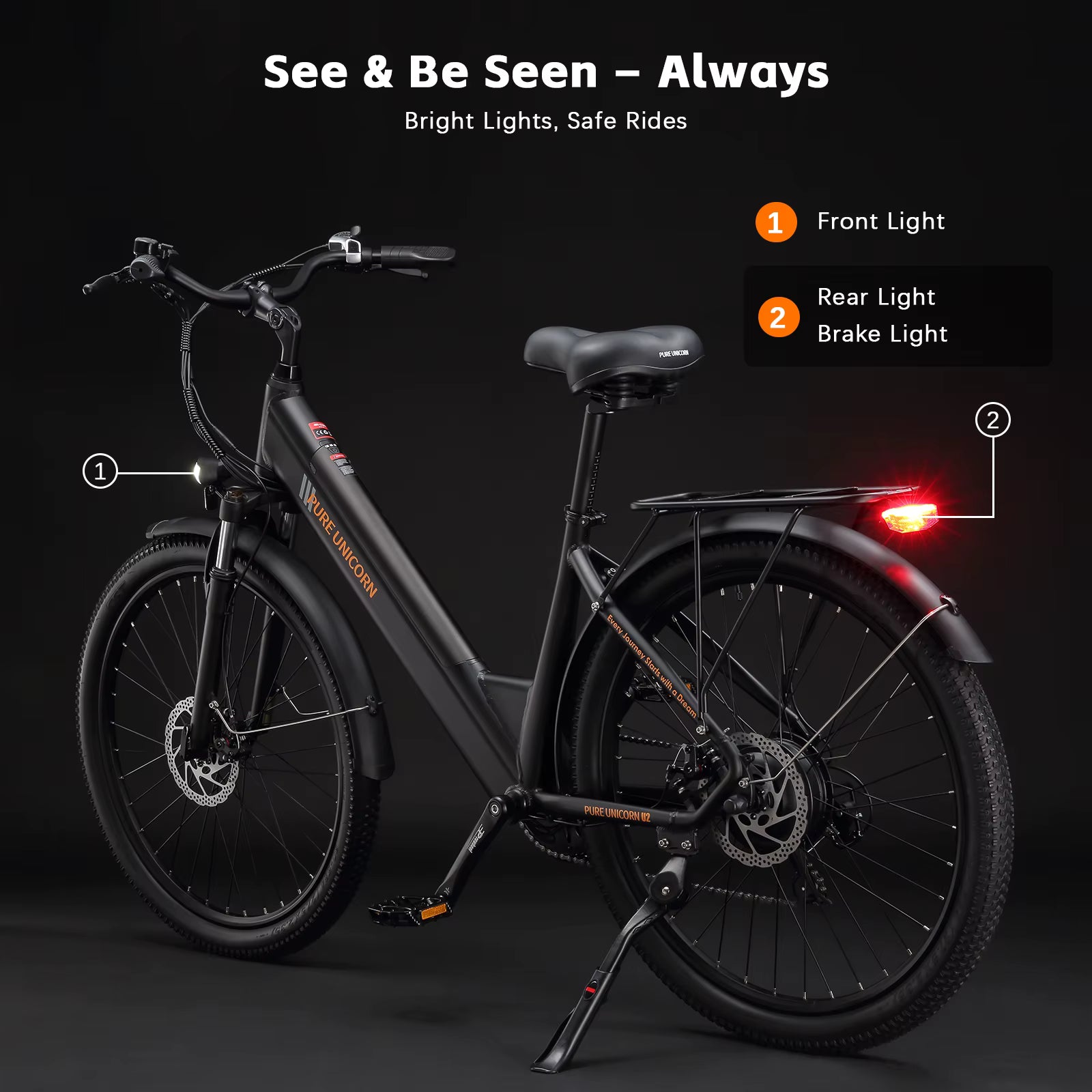 PURE UNICORN U2 Electric bike with illuminated lights on a dark background