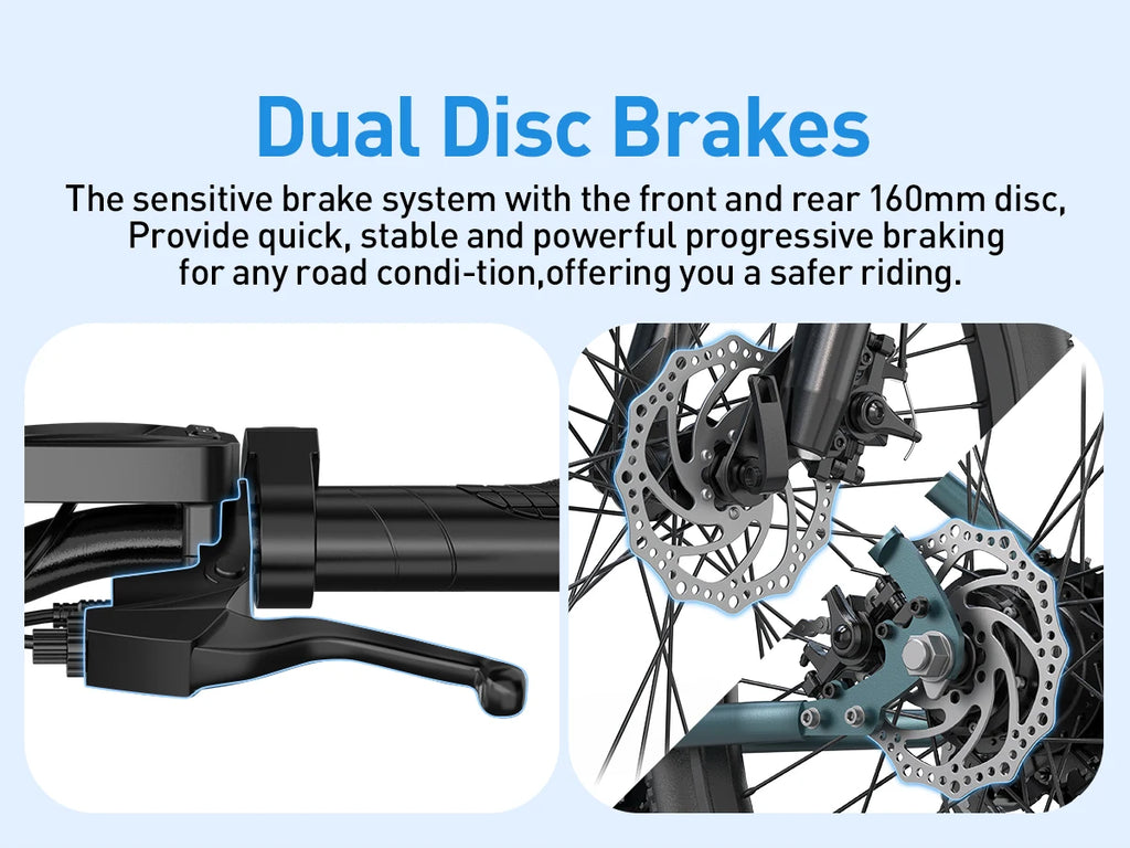 Bicycle dual disc brakes with text on a light blue background