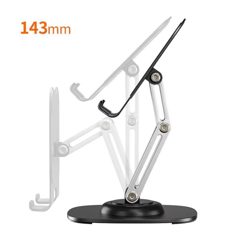 360° Rotation Portable Desktop Stand height extension diagram showing 143mm reach   