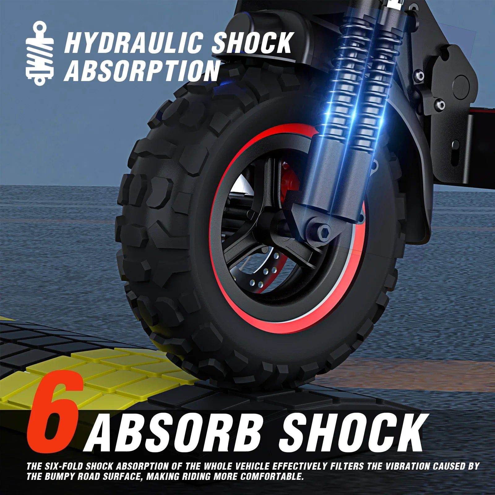 E-scooter wheel with hydraulic shock absorption system on a road surface