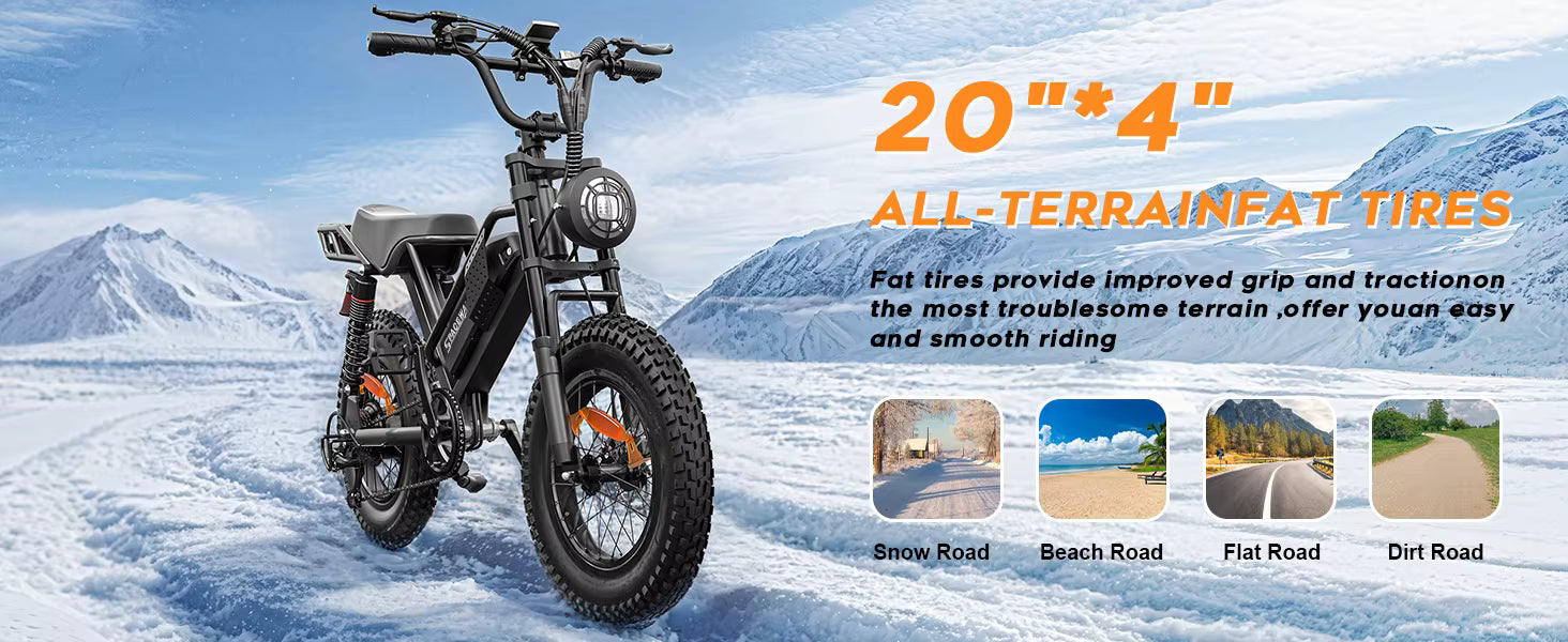 Spacewalk 1500W Electric bike with large tires on a snowy landscape, emphasizing all-terrain capability.