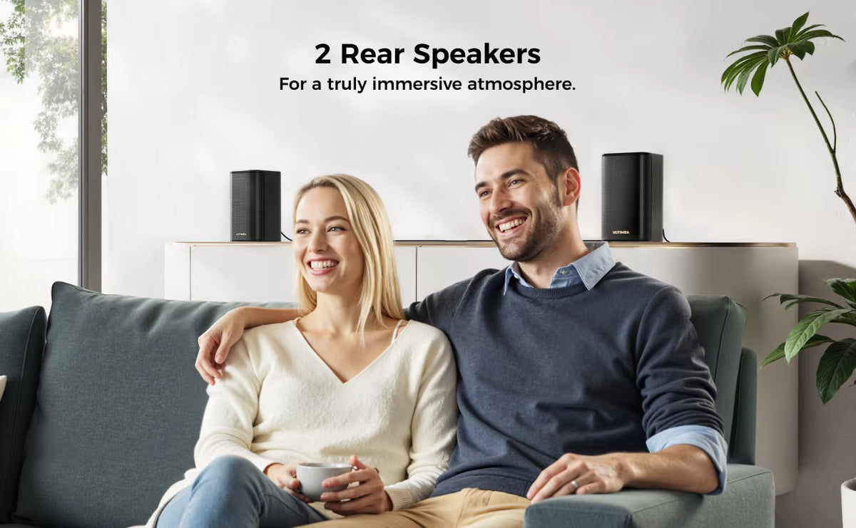ULTIMEA Skywave F40 dual wireless rear surround speakers in a modern living room setup