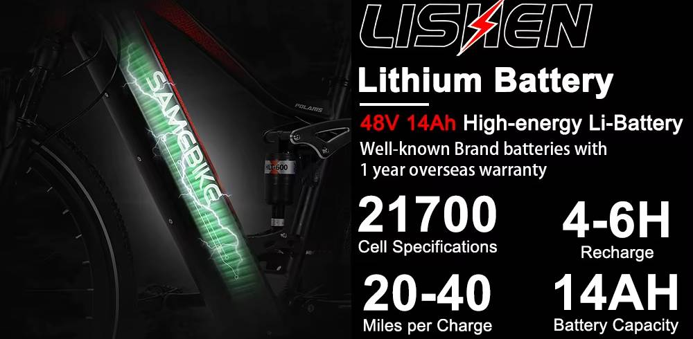 Samebike XD26-II electric bicycle Lishen lithium battery pack with specifications on a dark background