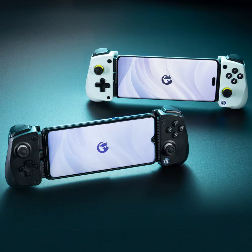 Studio product shot of Black and Wasibi coloured GameSir X5 Lite controllers mounted with smartphones on a dark, reflective surface under atmospheric studio lighting.