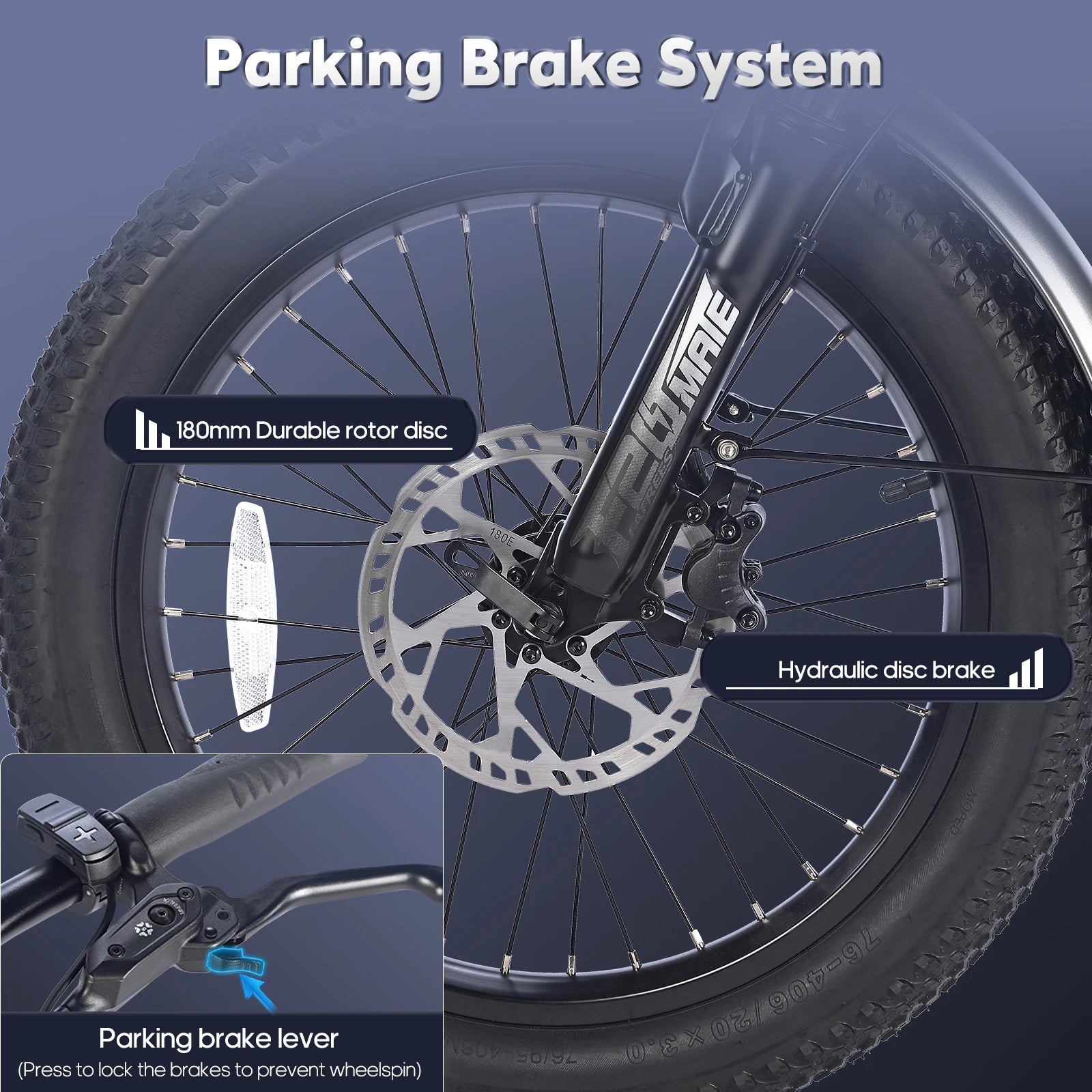 Electric Bicycle wheel with parking brake system highlighted on a blue background