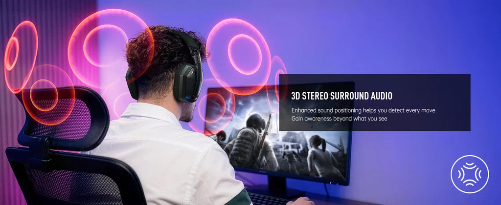 Person wearing headphones in front of a computer screen with 3D stereo surround audio text.