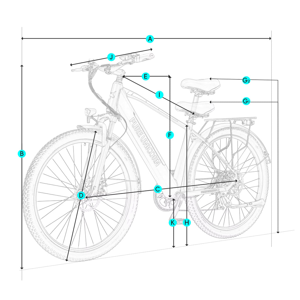 Technical drawing of a PURE UNICORN U3 electric bicycle with labeled measurements on a white background