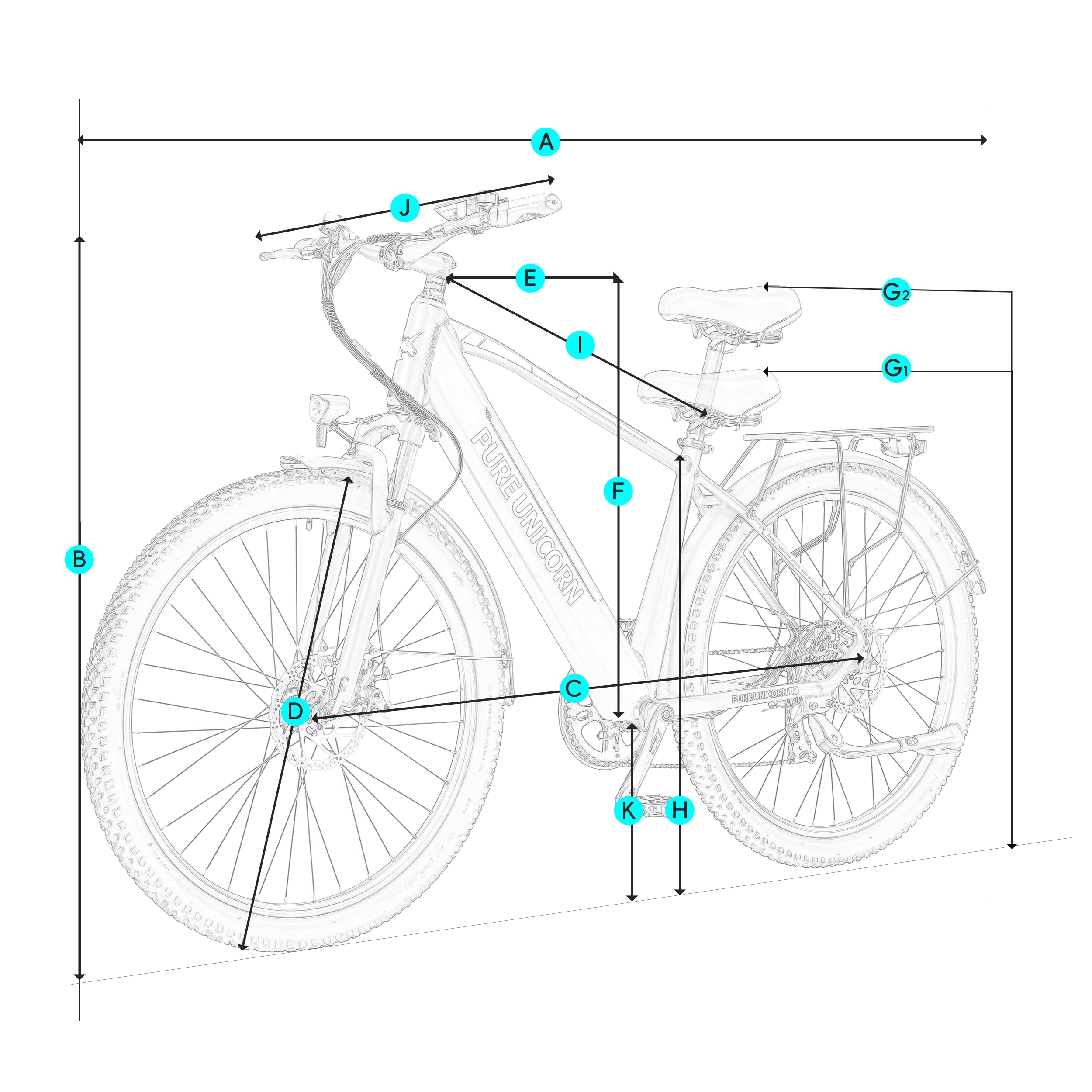 Technical drawing of a PURE UNICORN U3 electric bicycle with labeled measurements on a white background