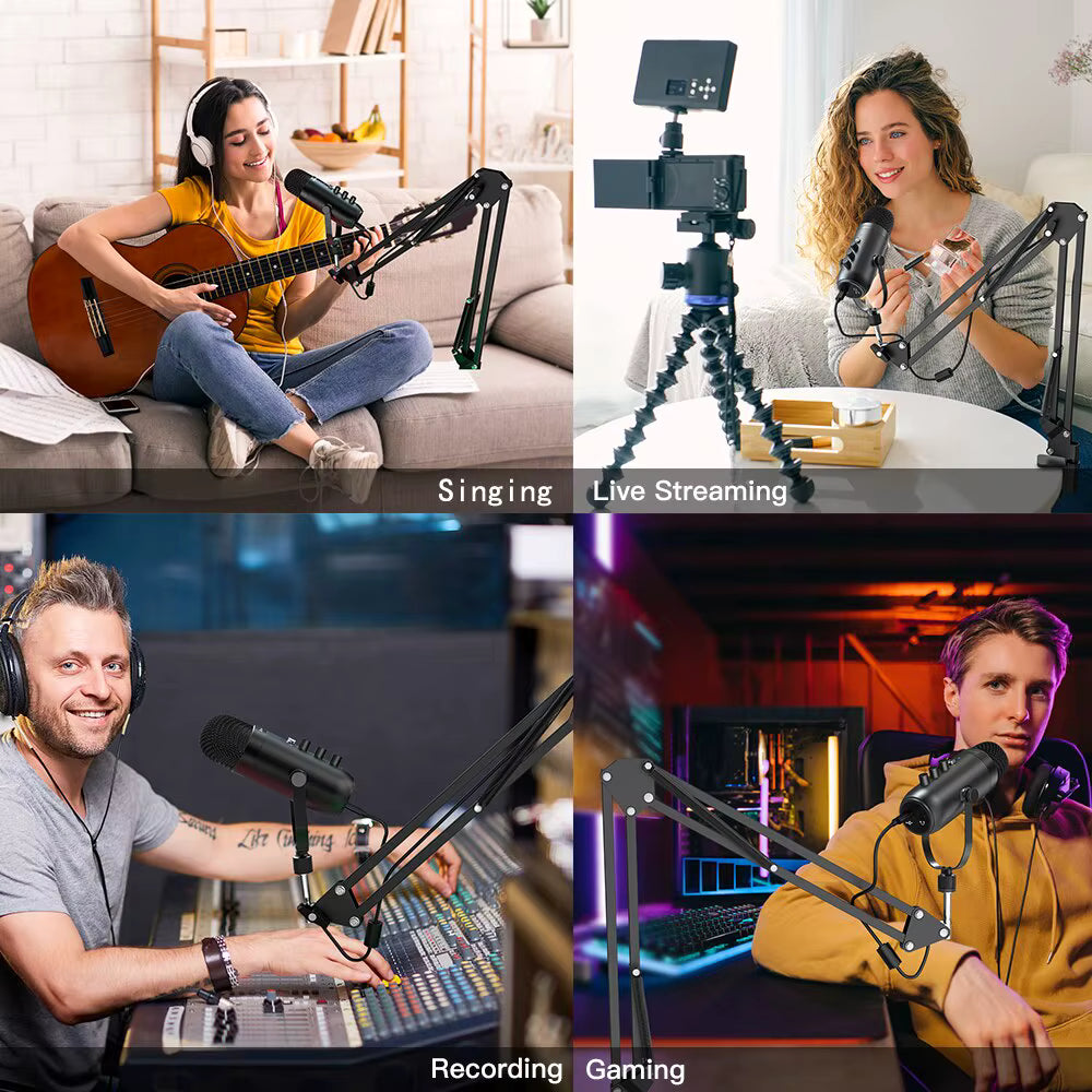Multi-platform use case overview showing the Haomuren microphone deployed for live streaming, podcasting, gaming, and acoustic recording