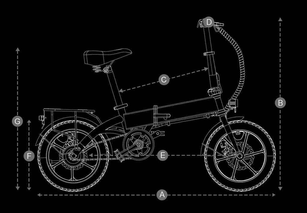 Technical drawing of a DYU A1F Pro Folding E-Bike  bicycle with labeled parts on a black background