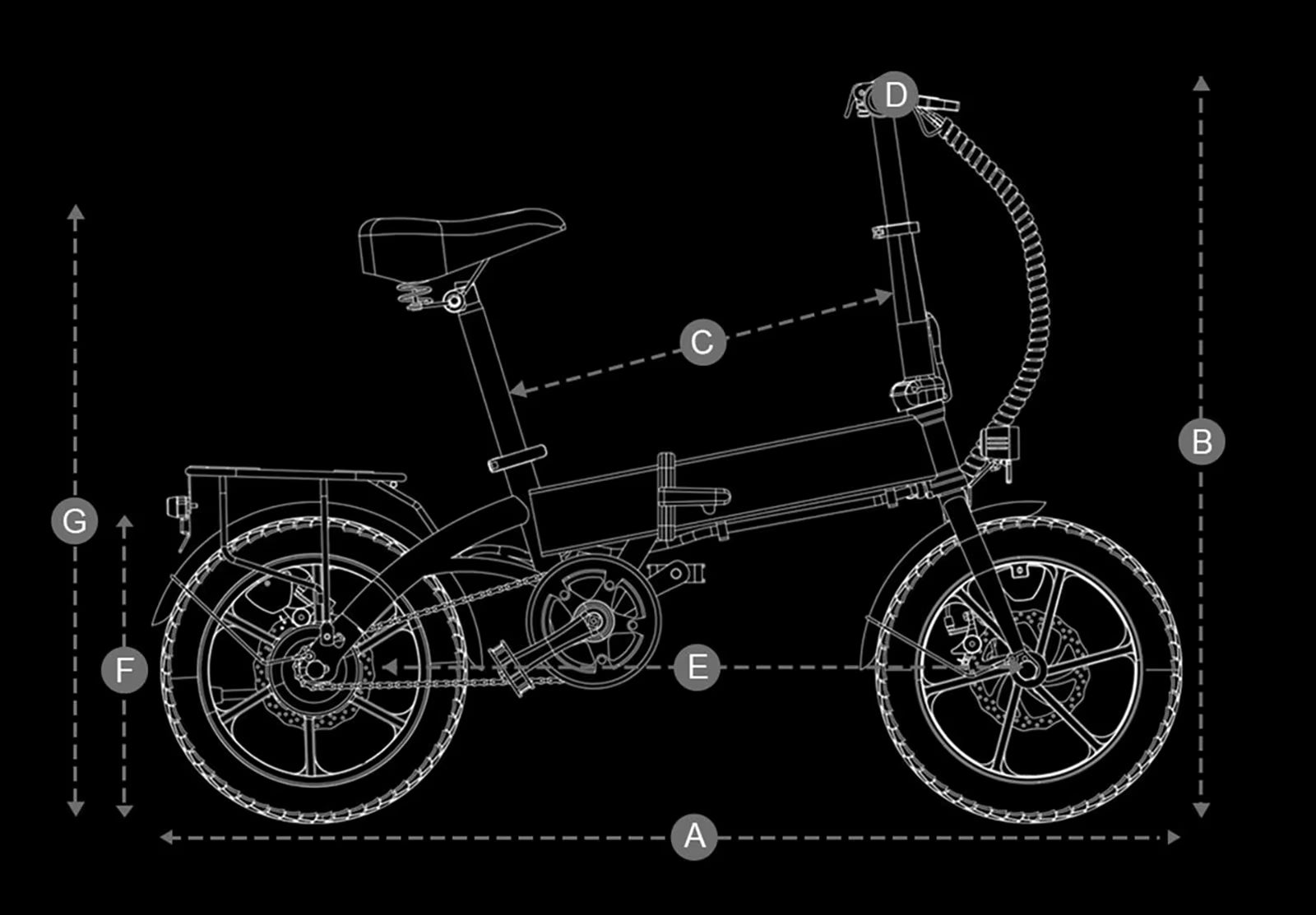 Technical drawing of a DYU A1F Pro Folding E-Bike  bicycle with labeled parts on a black background