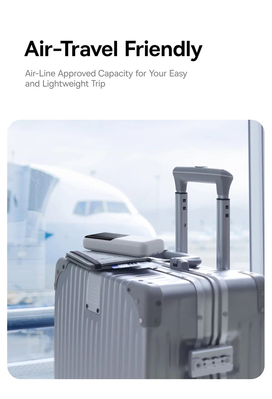Suitcase with airplane in the background, emphasizing air-travel friendliness.