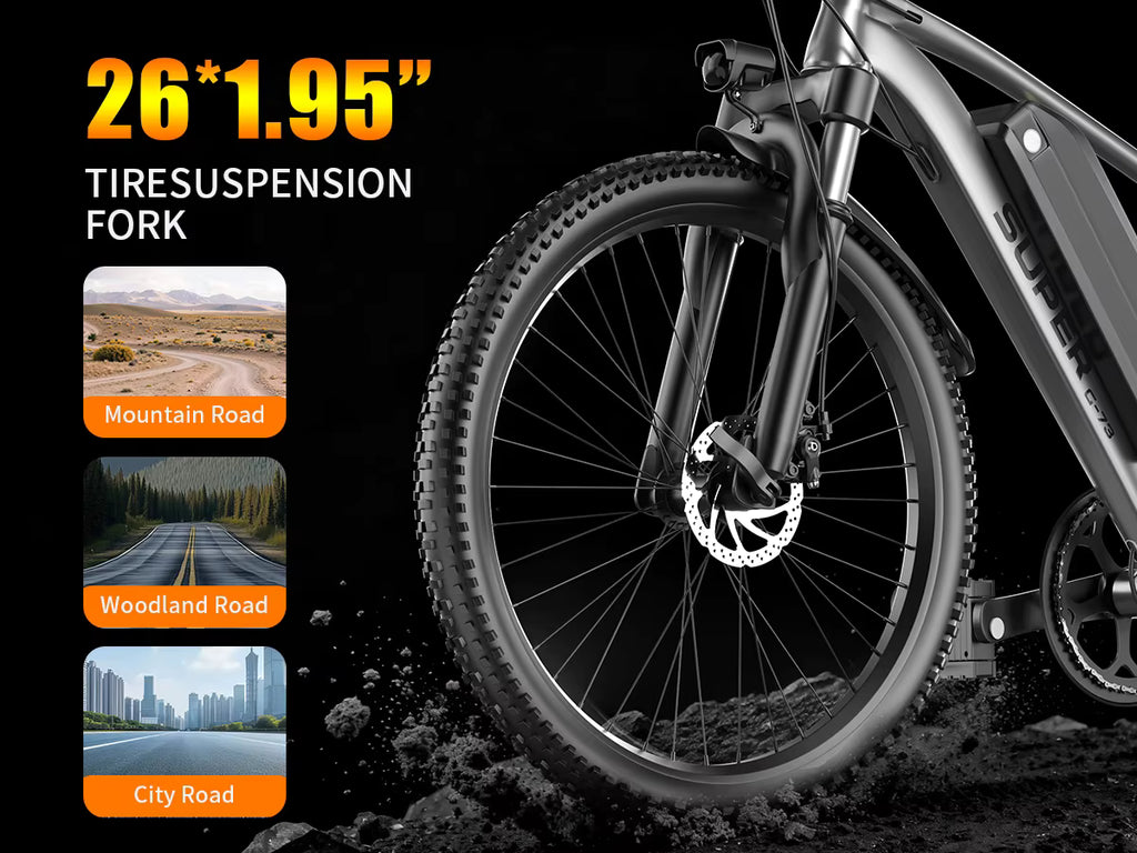 Electric bike with 26*1.95" tires and suspension fork on a dark background