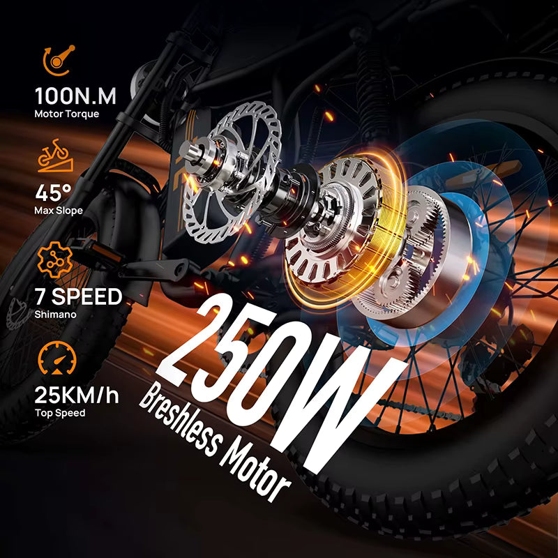  URLIFE T2 E-Bike Brushless motor with detailed mechanical components and text highlighting specifications on a dark background