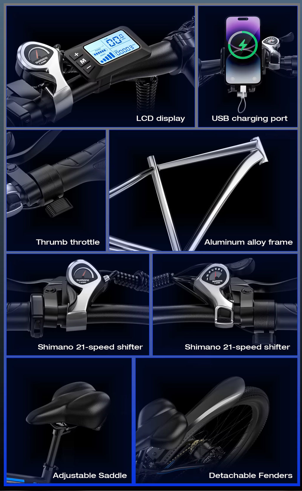 Collage of electric bike components including LCD display, USB charging port, throttle, frame, shifters, saddle, and fenders on a dark background.