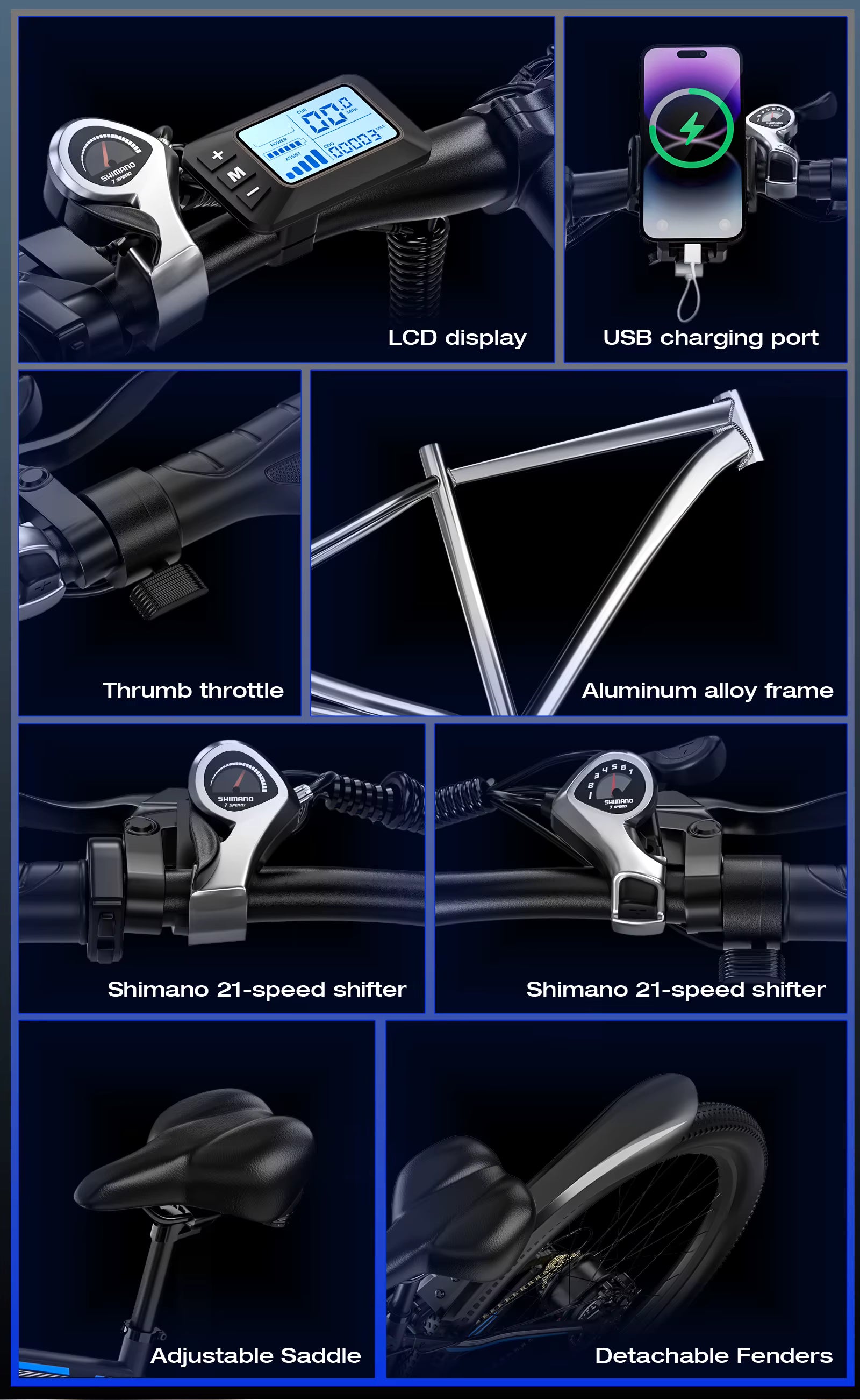 Collage of electric bike components including LCD display, USB charging port, throttle, frame, shifters, saddle, and fenders on a dark background.