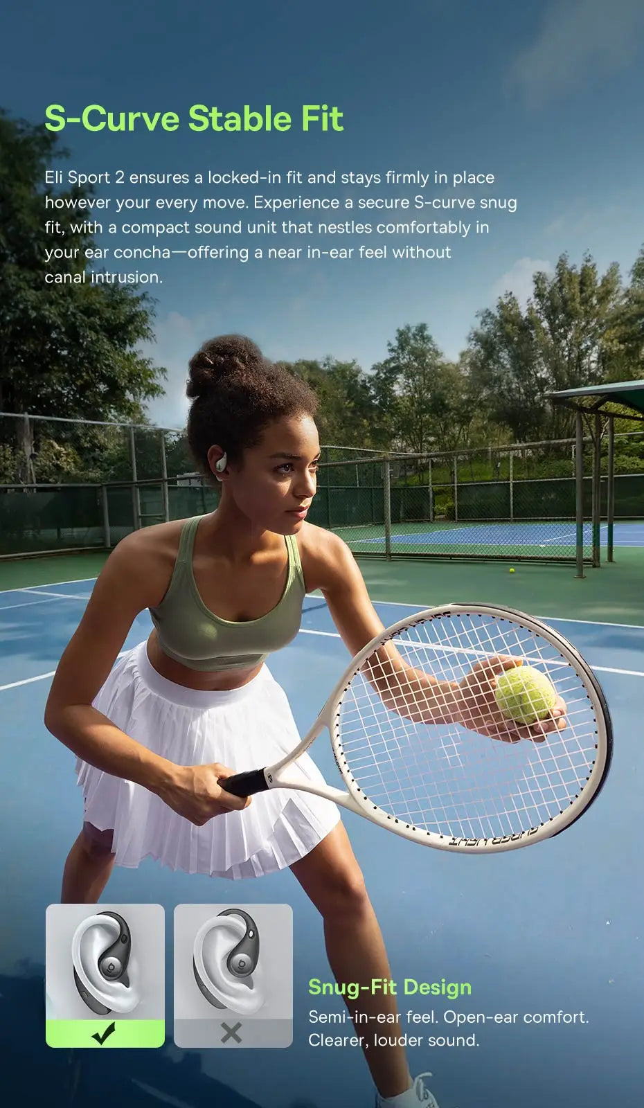 Woman holding a tennis racket on a tennis court with product features text overlay about Baseus Eli Sport 2 Open-Ear Wireless Earphones
