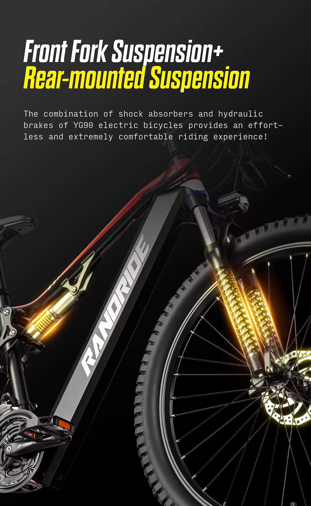 Electric bicycle with front fork suspension and rear-mounted suspension on a black background