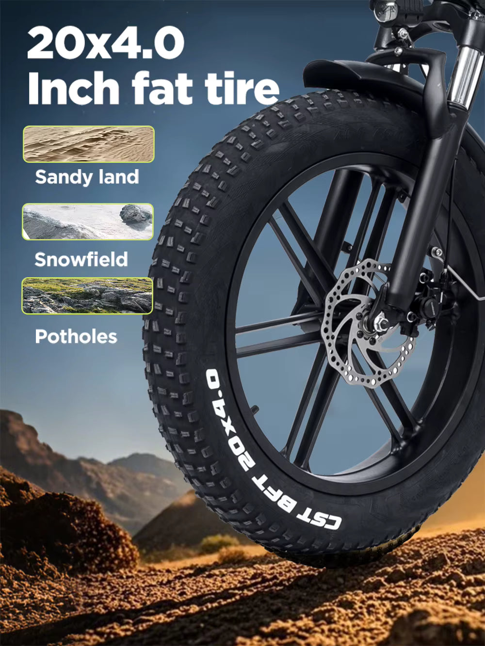 Fat tire e-bike wheel with 20x4.0 inch tire size, shown on a mountainous terrain background.