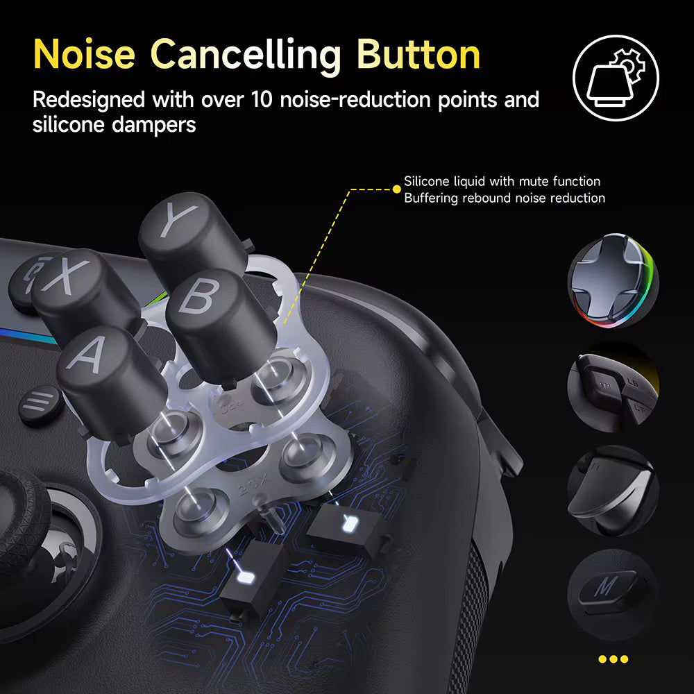 Exploded view of noise-cancelling silicone dampened ABXY switch buttons   