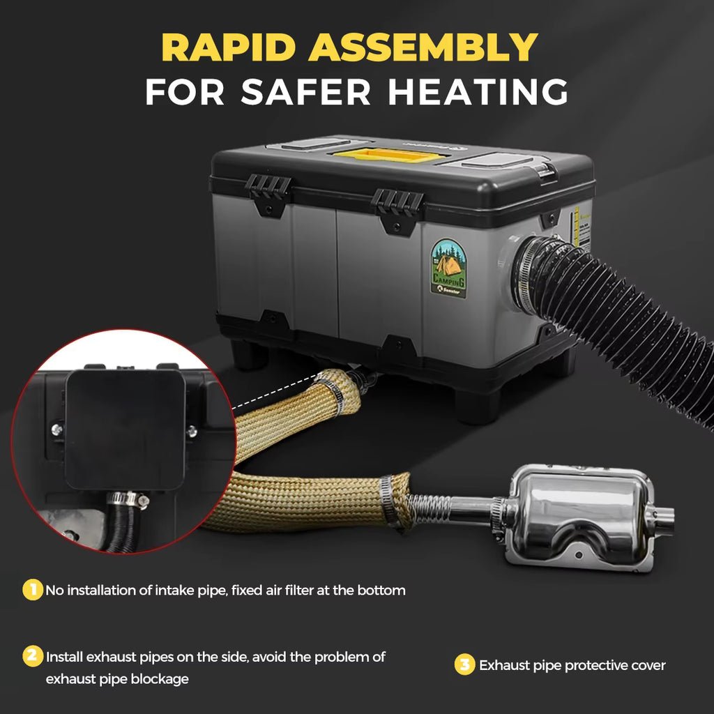 Sunster 8KW Portable Diesel Heater rapid assembly diagram showing safe exhaust and intake setup